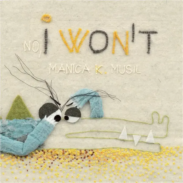 Embroidered illustration of the children's book, <i>No, I Won’t</i> with an alligator looking frustrated.