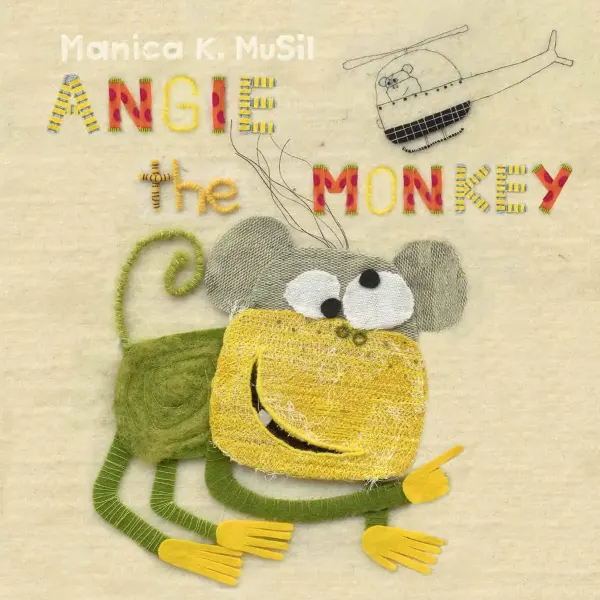 Embroidered illustration of the children's book <i>Angie the Monkey</i>; with a goofy, cross-eyed monkey, pointing at a helicopter in the sky.