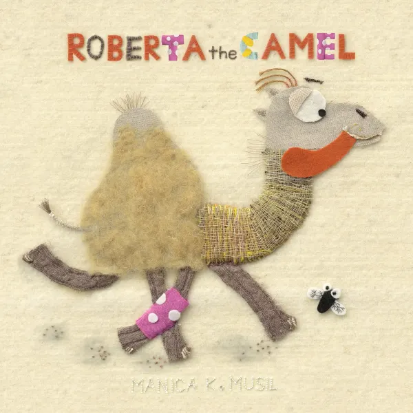 Embroidered illustration for the children's book, <i>Roberta the Camel</i>, with a camel running with her tongue sticking out, followed by a small fly.