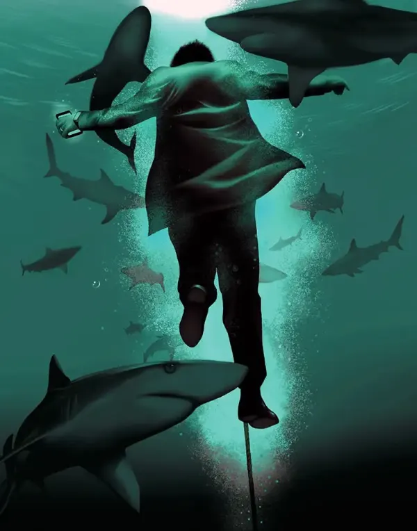 Illustration of a suited man, in the sea, with a rope around his ankle, surrounded by sharks