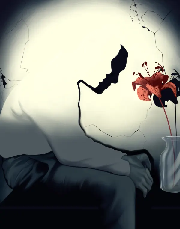 Graphic illustration of a man sitting down in front of a vase with a flower, but you cannot see his body, just his shadow cast on the wall.