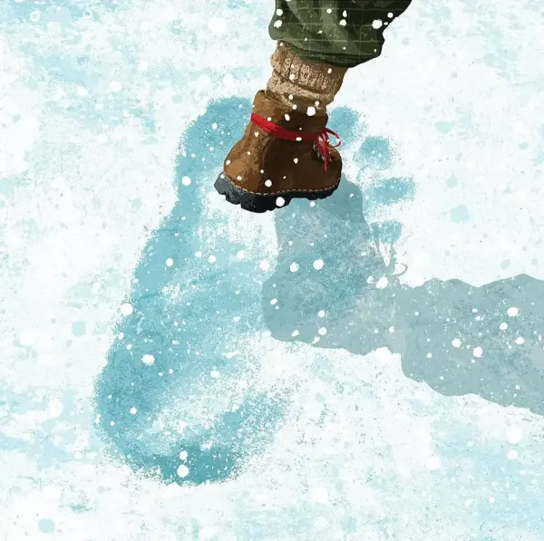Illustration of snow-covered ground with a giant foot imprint, and a hiker walking into it.