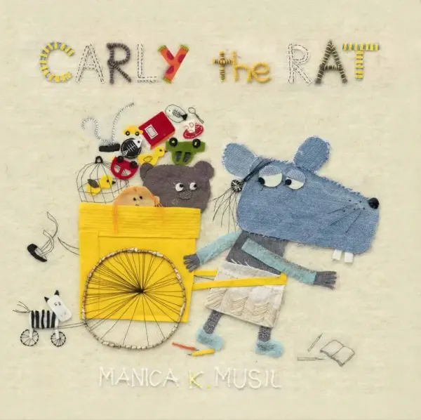 Embroidered illustration for children’s book <i>Carly the Rat</i>; a rat is dragging a cart full of toys.