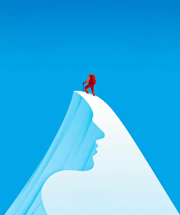 Graphic illustration of a alpinist climbing to the top of a snow covered peak, that reveals a person's profile in the cliff edge.