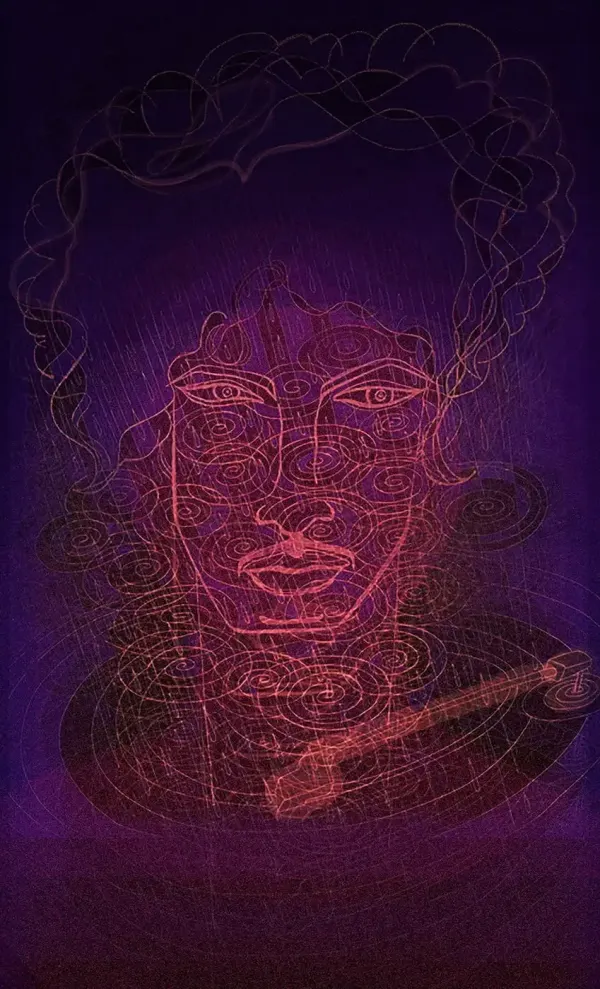 Decorative illustration of Prince, in the rain with a record player in the backbround