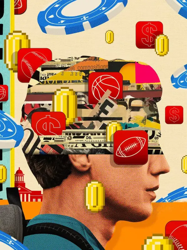 Collaged illustration of a man’s head with poker chips, bitmap coins and sports icons.