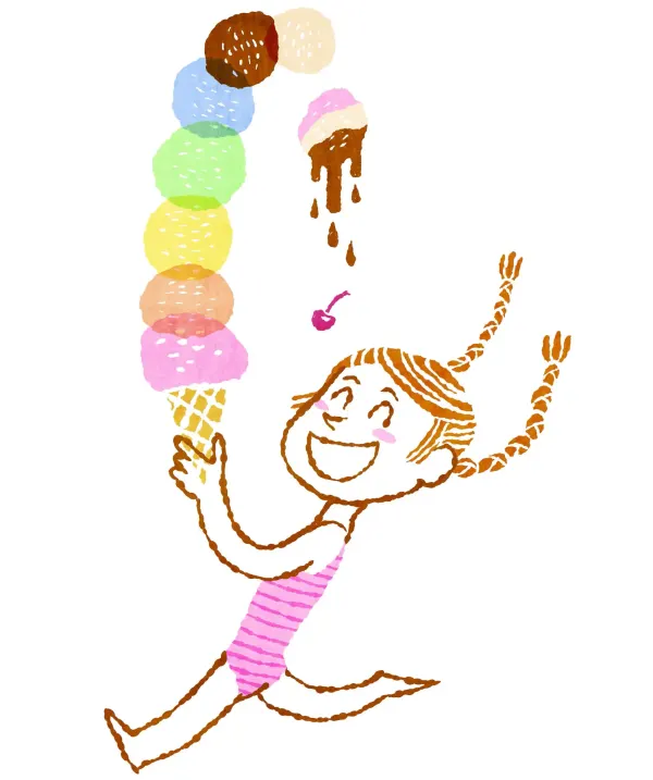Cheerful illustration of a little girl in braids, running in a pink bathing suit while holding an ice cream cone with many teetering scoops