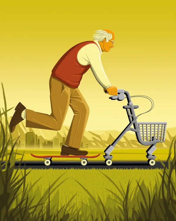 Illustration of an older man, using a walker basket, while riding a skateboard.