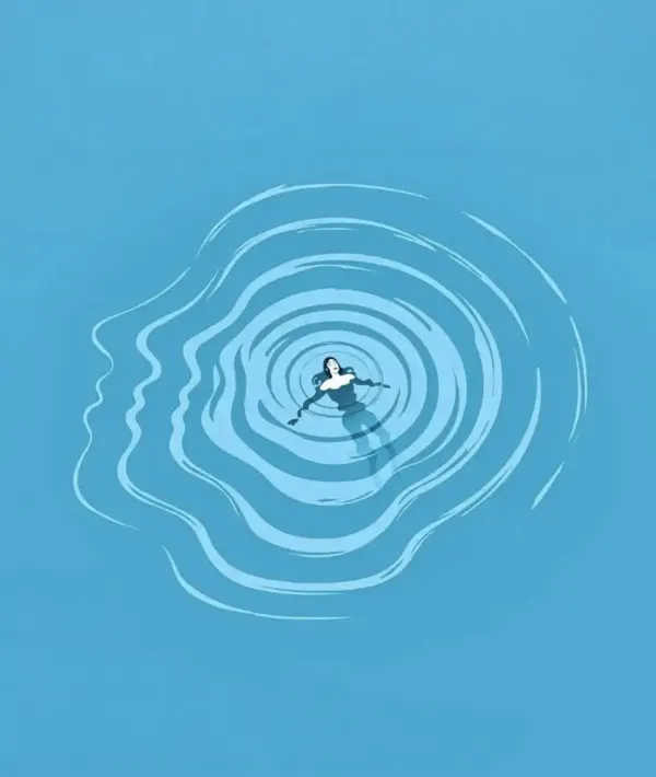 Graphic illustration of a woman floating in a large pool of water, and the small waves emanating from her are in the shape of a head in profile.