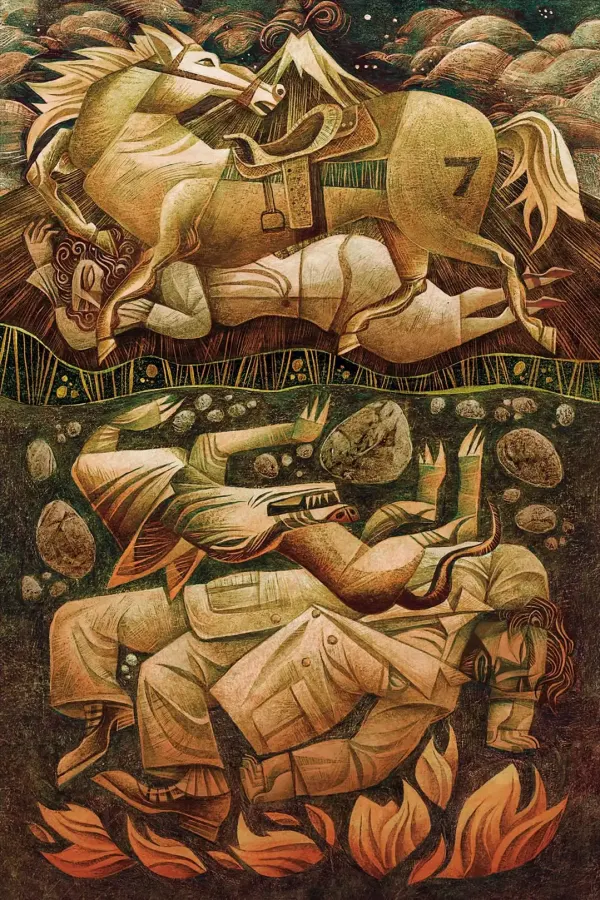 Illustration of a man sleeping underneath a horse at the base of a volcano and then beneath the ground there is a man among glames with a wolf.