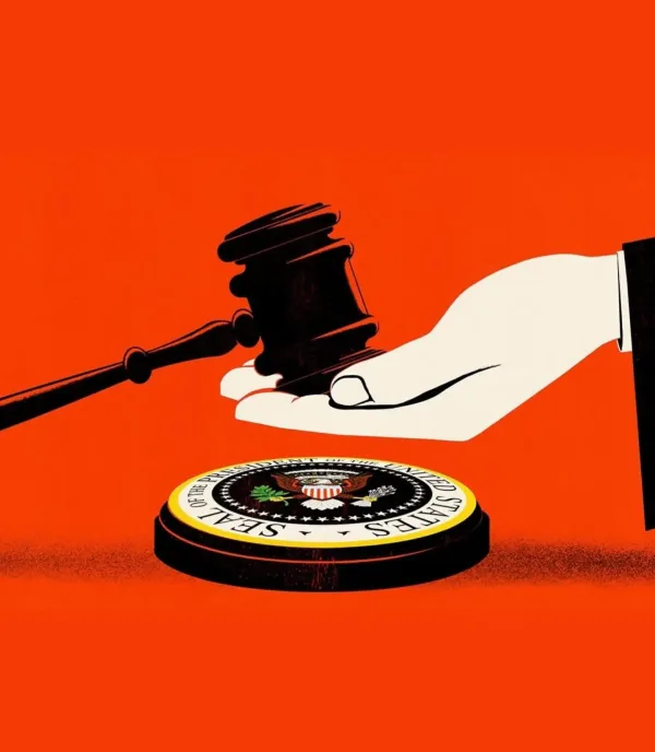 Illustration of a gavel coming down on the seal of the United States, but a hand is held out and stopping it from being hit.