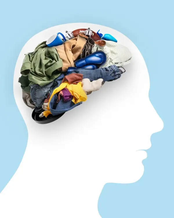 Illustration of a flat profile of a person's head and placed on top is a pile of household items like clothing, dishware, sports equipment.