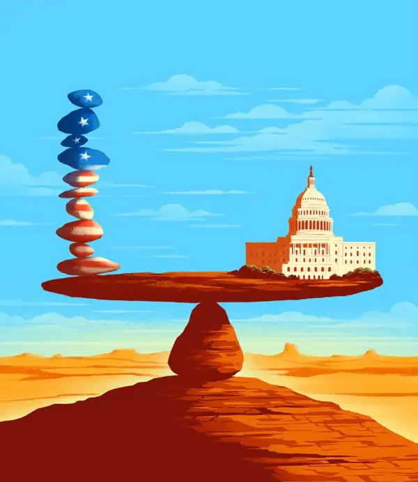In a southwestern landscape, sitting atop a large red boulder is balanced on one side, a cairn, painted red white and blue, and on the other is the White House.