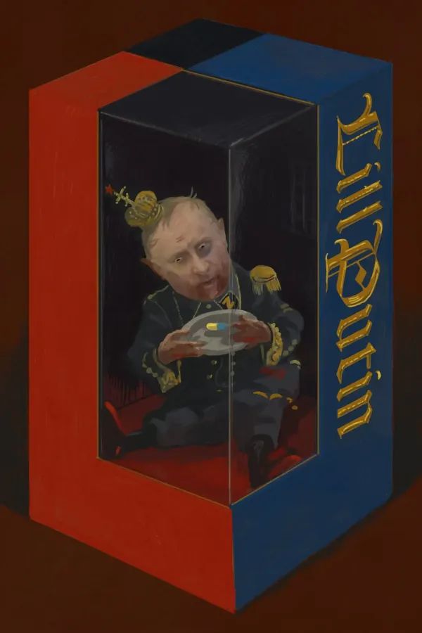 Image of Russia’s Putin in a toy box labeled “LillPutin,” while in full military regalia, wearing a small crown askew, and holding a plate with a large pill on it.