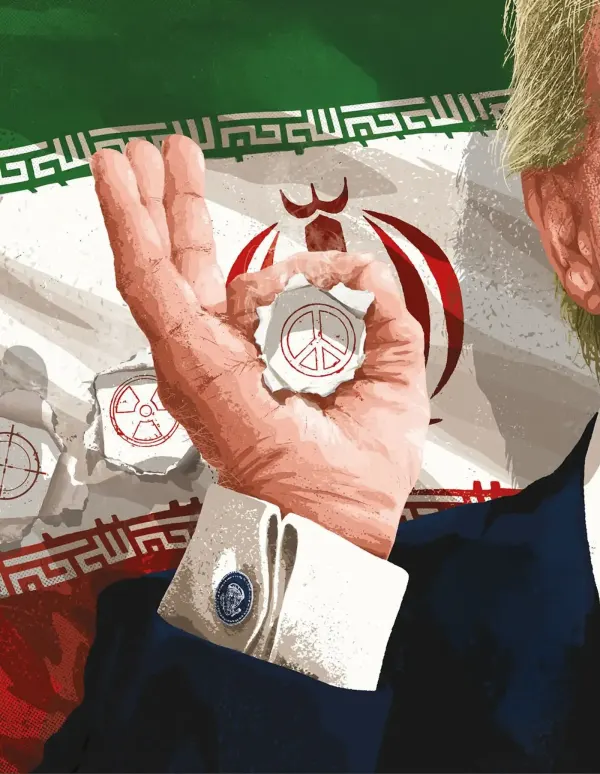 Image of Trump, with his face cut-off, showing his hand making an okay sign with his small fingers. Inside the okay sign is a peace sign, behind a hole of the flag of Iran