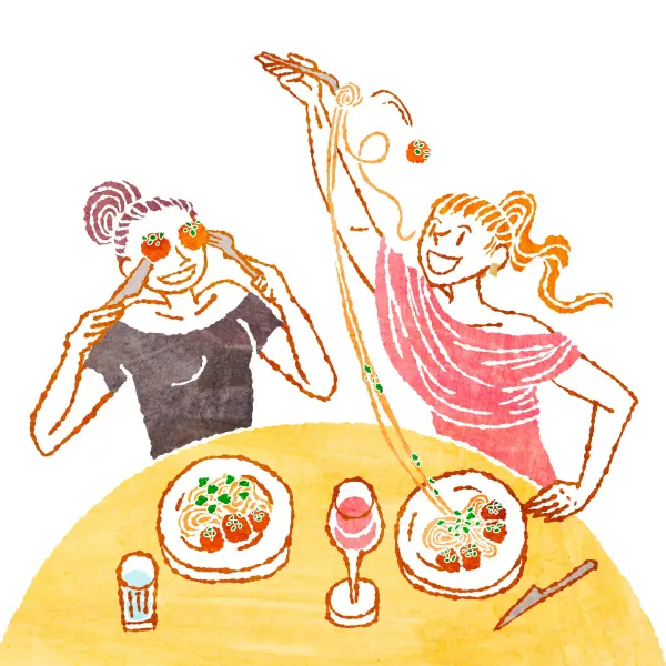 Whimsical illustration of two women playfully eating spaghetti and meatballs.