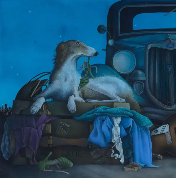 Illustration of a large dog, lying on top of an old-fashioned luggage trunk with women’s clothes falling out of it, and the dog is holding a high-heel in its mouth
