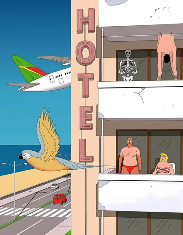 Illustration of a hotel on the beach with an airplane and a parrot flying through the air in opposite directions. On one balcony of the hotel there is a couple, the woman is sitting wearing a bikini, the man is standing in a speedo with a farmer's tan. In the balcony above is a skeleton standing with his skin hanging on a clothes line drying.
