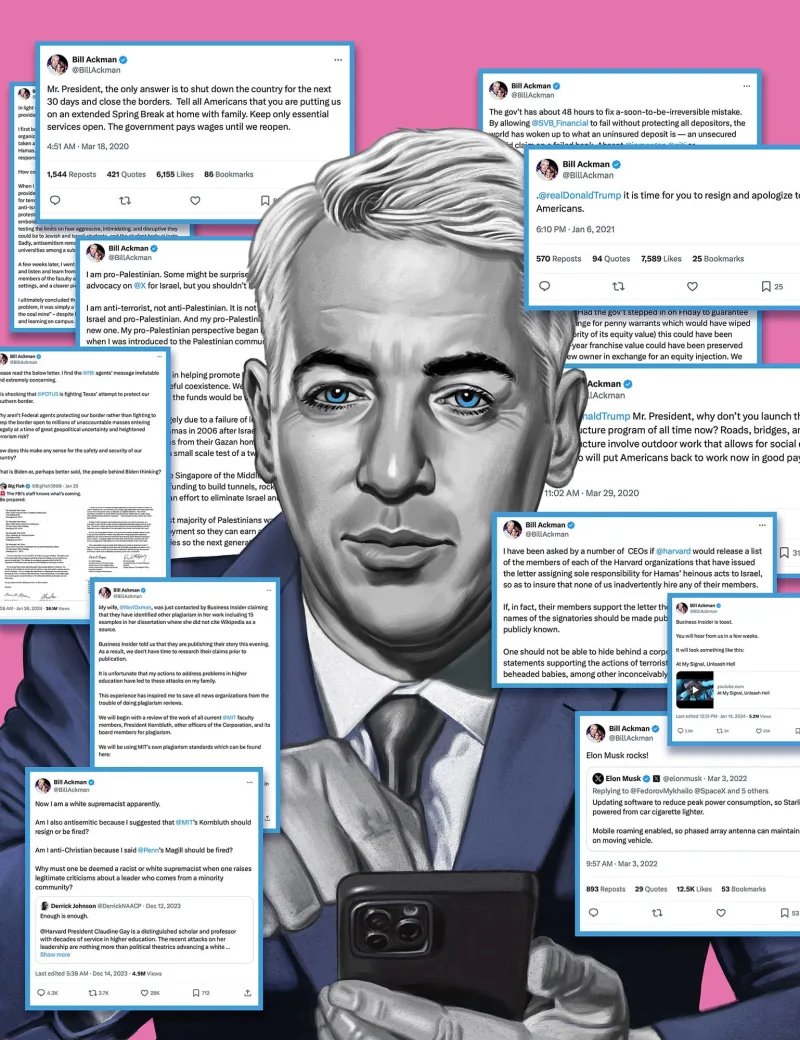 Illustration of Bill Ackman, surrounded by all his tweets. Illustration by Scott Anderson, Portrait, Conceptual,
