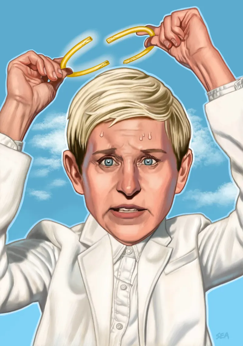 Illustration of Ellen Degeneres holding a broken halo above her head. Illustration by Scott Anderson, Portrait,