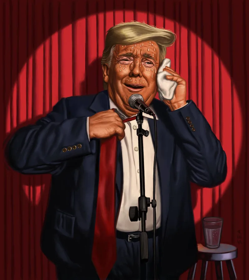 Illustration of Donald Trump, standing on stage with a microphone, as if he was Rodney Dangerfield, yanking his tie. Illustration by Scott Anderson, Conceptual, Portrait,