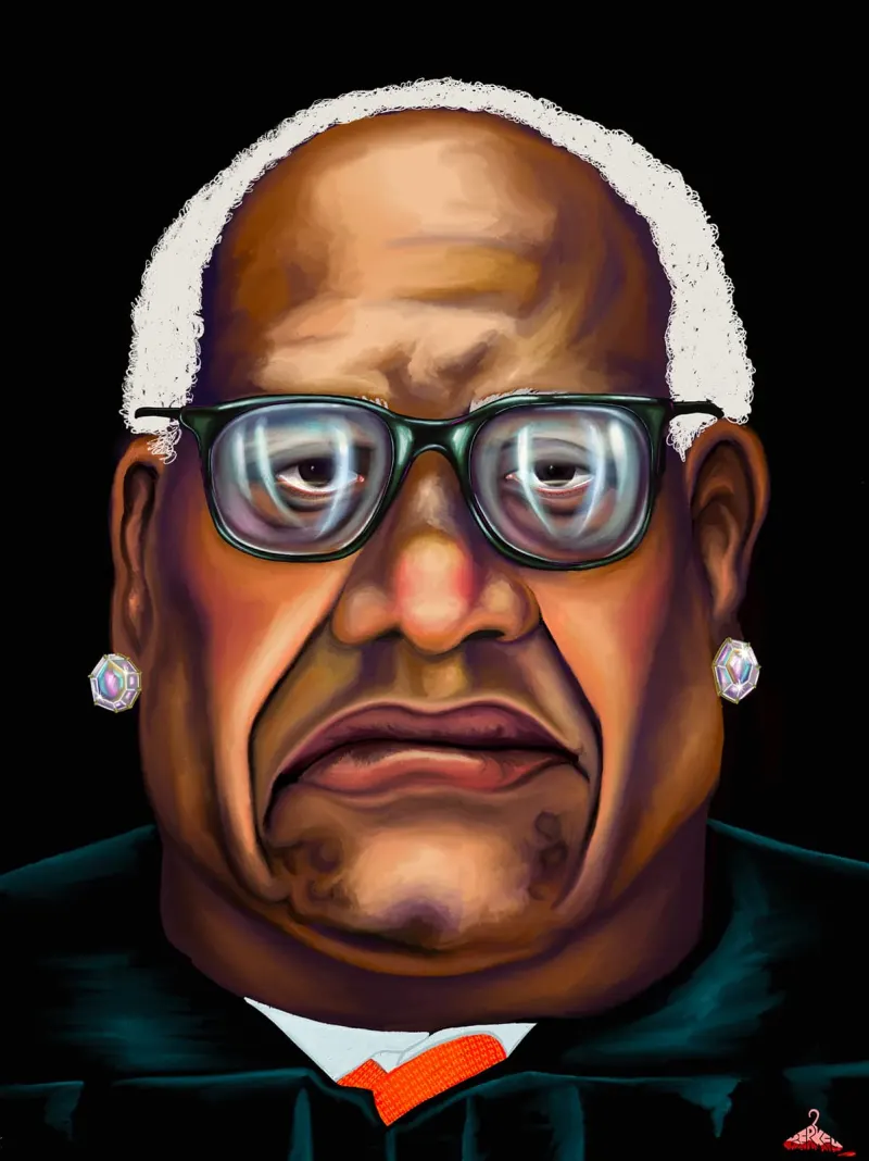 Illustration of Supreme Court justice Clarence Thomas, looking grim and wearing large diamond earrings. Illustration by Alison Berkey, Portrait,