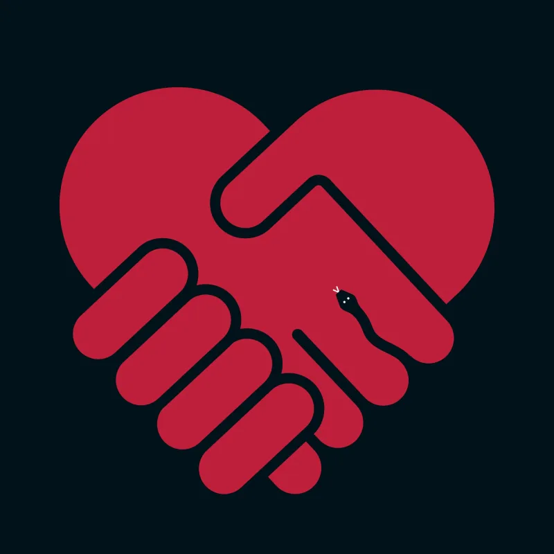 Graphic illustration of two hands holding each other in the shape of a heart, with a line shaped like a snake. Illustration by Giulio Bonasera, Conceptual,