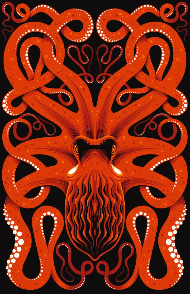 Illustration of an octopus with its tentacles created an elaborate pattern. Illustration by Allen Crawford, Decorative, Fantasy, Nature, 