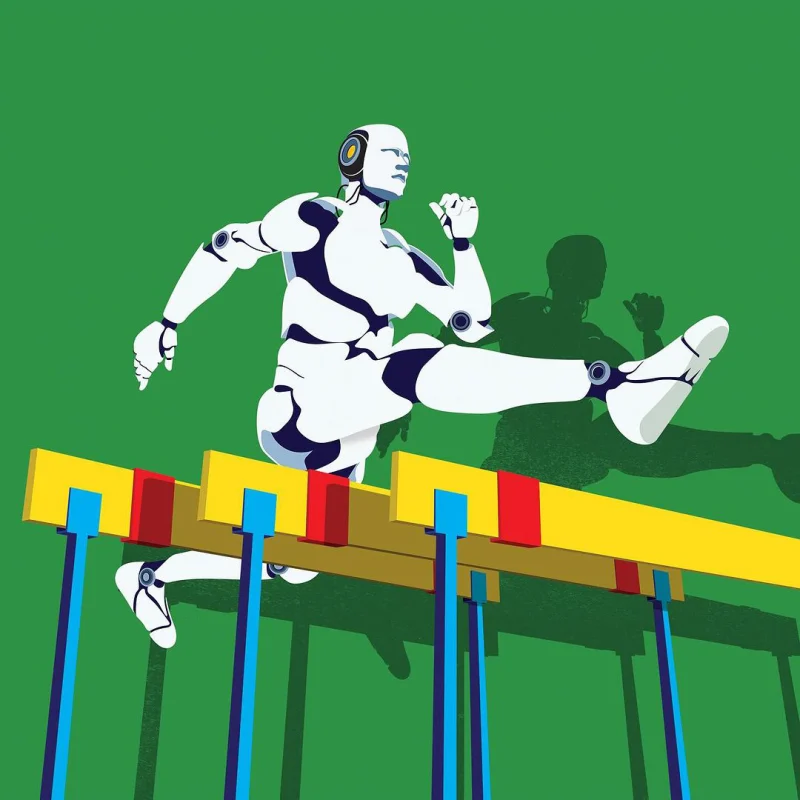 Graphic illustration of a robot jumping over 3 hurdles.. Illustration by Paul Garland, Conceptual, Figurative,