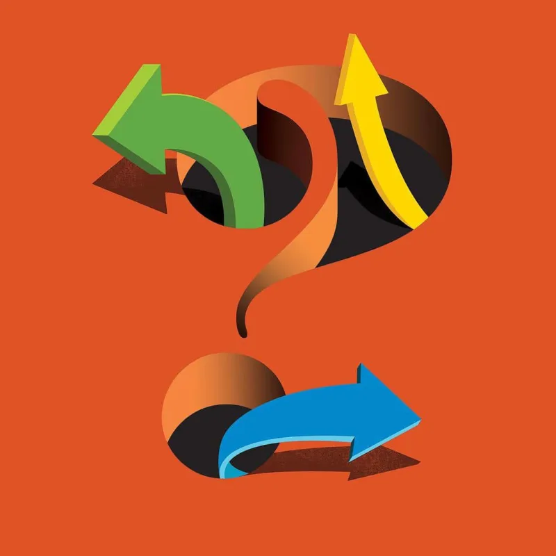 Graphic illustration of a question mark that is cut-out from the orange background and brightly colored arrows are poking through.. Illustration by Paul Garland, Conceptual,