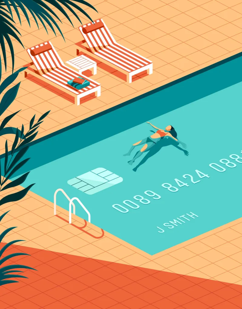 Illustration of a woman floating in a pool, and the bottom of a pool looks like a credit card. Illustration by Beth Goody, Conceptual, Lifestyle,