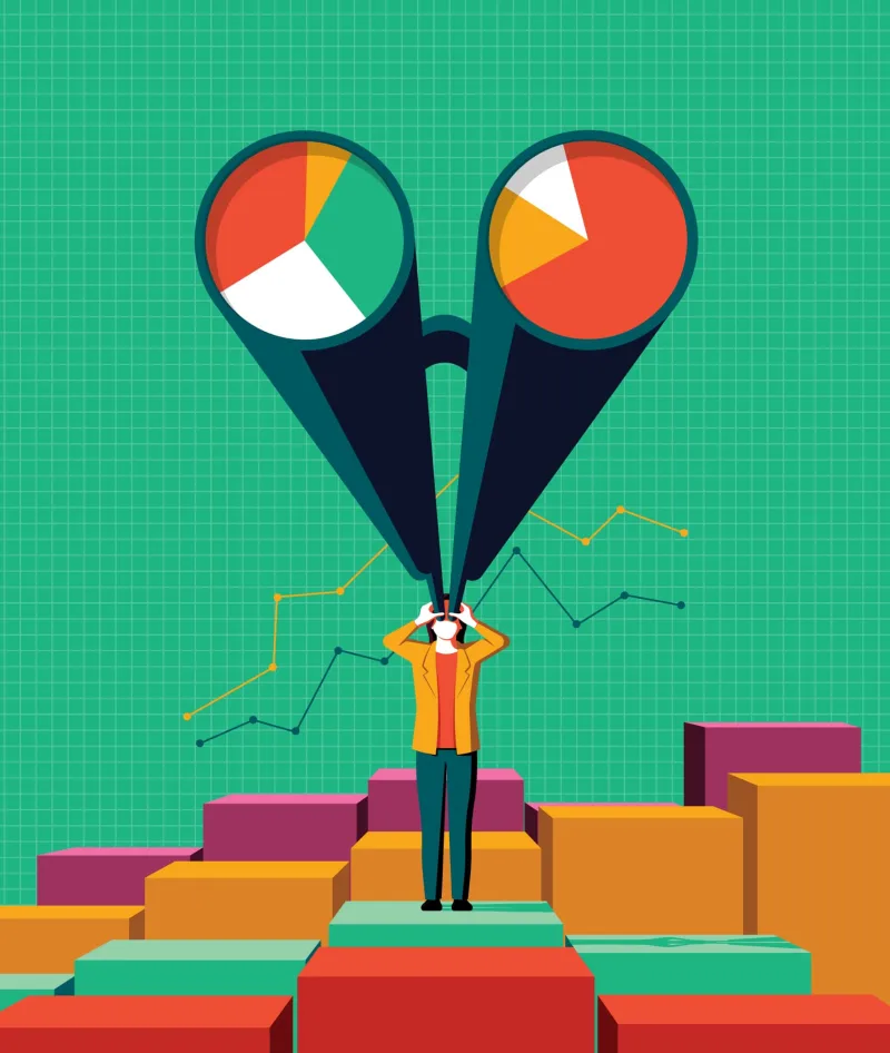 Illustration of a woman holding up oversized binoculars that have pie charts in the lens, standing on top of bar graphs and in the background is a graph.. Illustration by Beth Goody, Business, Conceptual, 