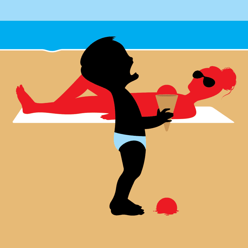 Illustration of a woman sunbathing on the beach and in the foreground a toddler is holding an empty ice cream cone, exactly where the woman's breast is silhouette. Illustration by Thomas Fuchs, Lifestyle, Figurative, Conceptual, Whimsical,
