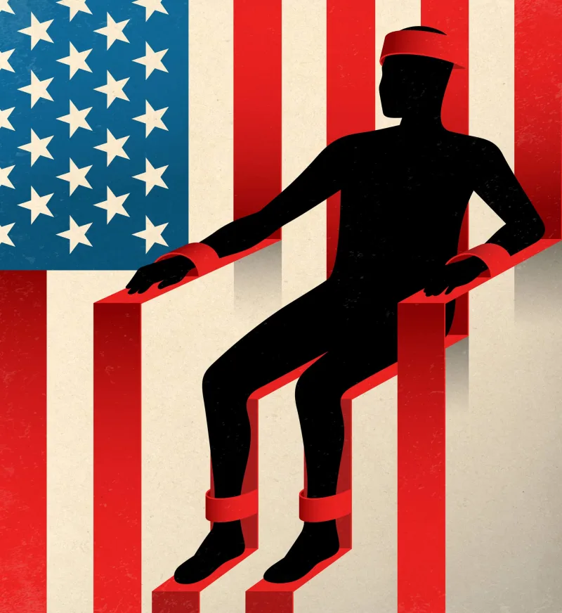 Illustration of an American flag that turns into an electric chair that someone is sitting in. Illustration by Thomas Fuchs, Conceptual,