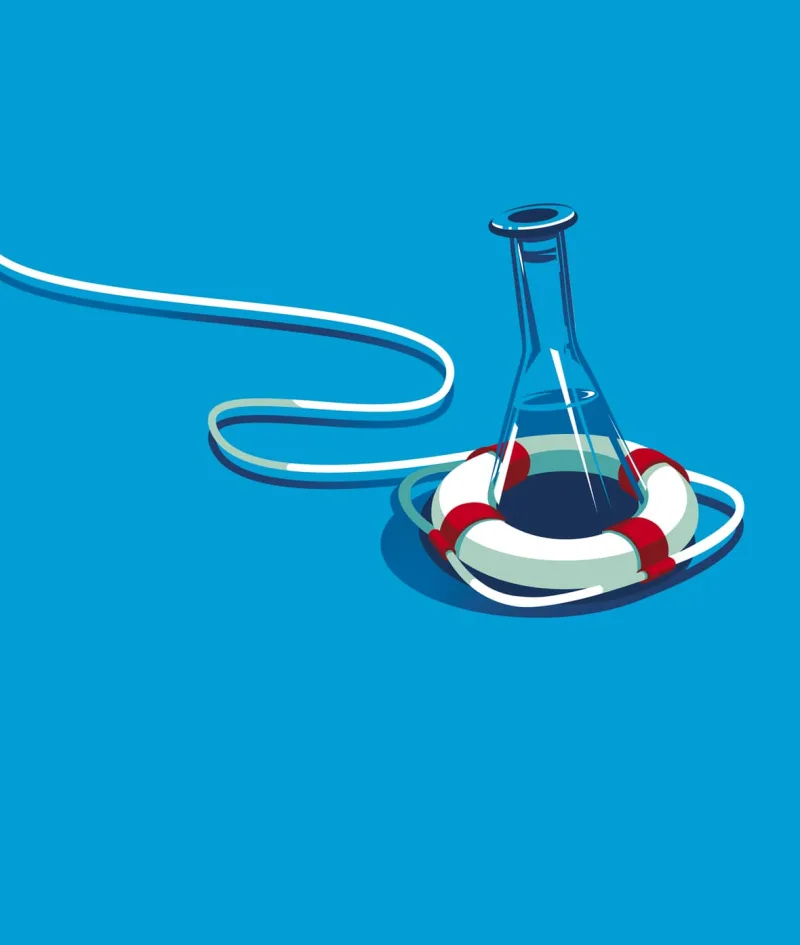 Graphic illustration of a beaker atop of lifesaver, floating in a sea of blue.. Illustration by Daria Kirpach, Conceptual, 