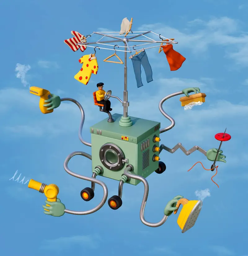 3D illustration of a fantastical machine being driven by a man, while completing various household tasks like drying clothes, steaming, ironing, mending, scrubbing.. Illustration by Richard Borge, Conceptual, Whimsical,