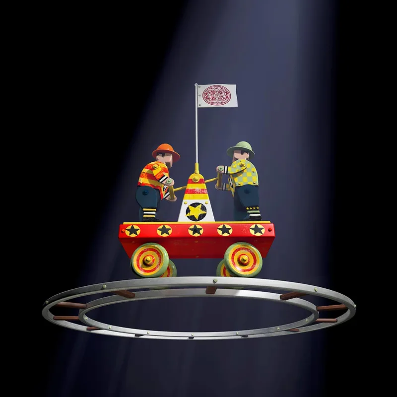 3D illustration of 2 workers on a little trolley, going around in a circle. Illustration by Richard Borge, Conceptual,