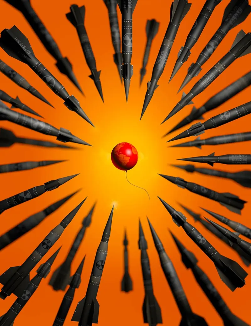 Illustration of a large number of nuclear warheads surrounding a lone red balloon/globe. Illustration by Richard Borge, Conceptual,