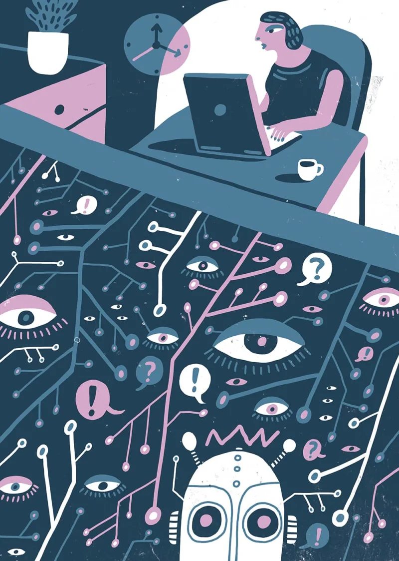Graphic illustration of a woman working on a laptop in front of a large circuitboard with eyes. Illustration by Øivind Hovland, Business, Conceptual,