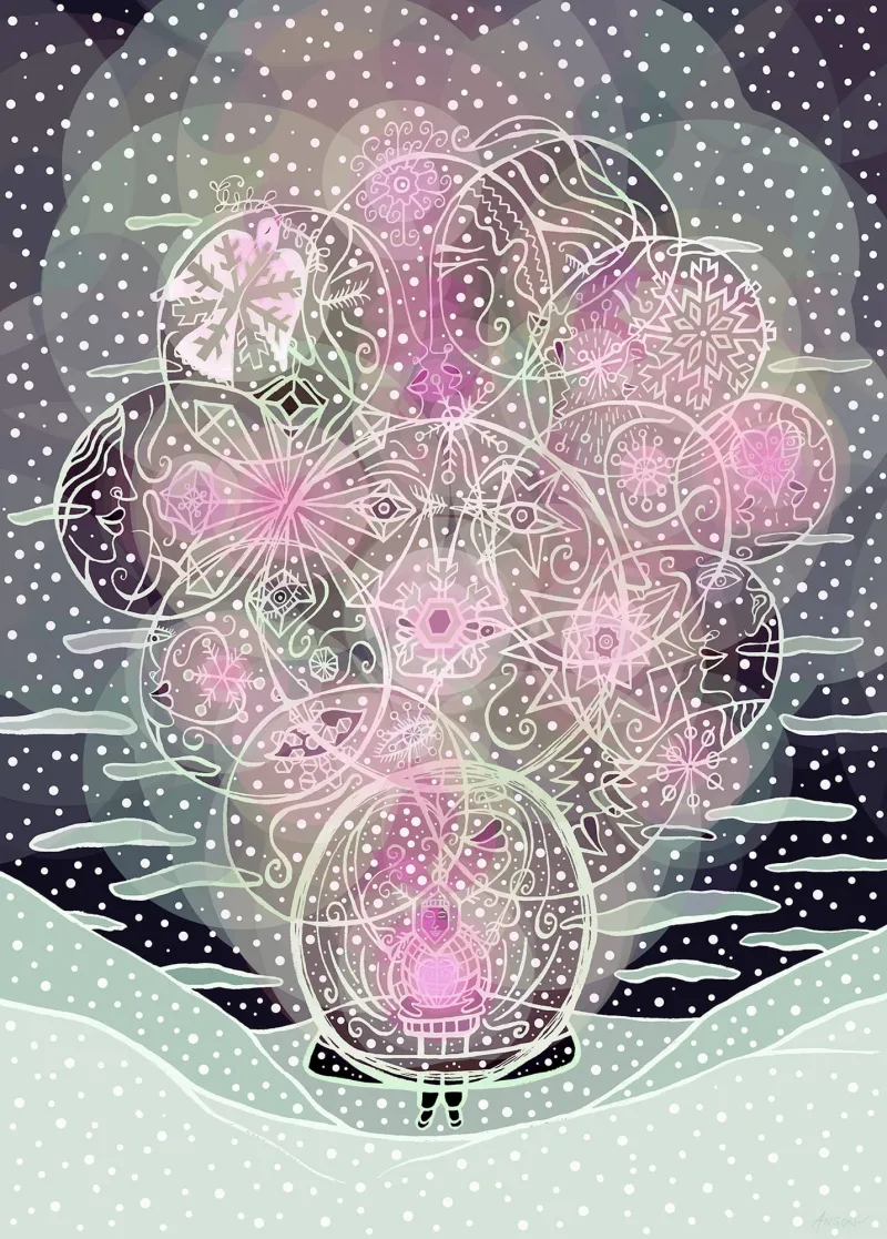 Decorative illustration of a winter scene of a person holding a snowglobe. Illustration by Anson Liaw, Decorative, Whimsical,