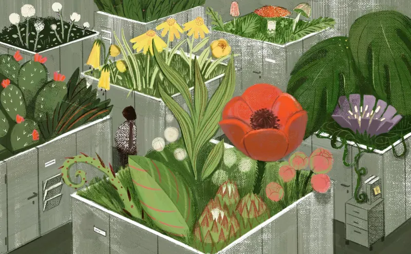 Illustration of an office of cubicles that are overflowing with large flowers and plants. Illustration by Luisa Jung, Conceptual, Whimsical,