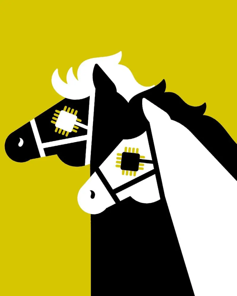 Graphic illustration of two blinkered horses.. Illustration by Giulio Bonasera, Conceptual,