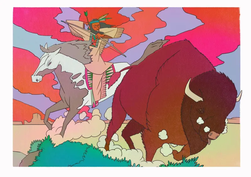 Graphic illustration of a Native American horseman, aiming a bow-and-arrow at a running bison. Illustration by Òscar Climent Ollet, Nature, Figurative, Children,