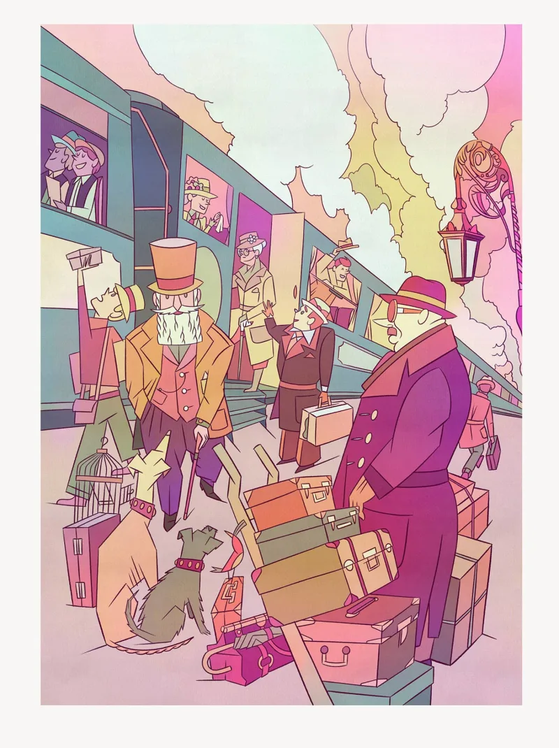 Illustration of a bustling train station in a bygone era, people are boarding, waving goodbye, standing by stacks of suitcases and trunks.. Illustration by Òscar Climent Ollet, Figurative, Whimsical, Decorative, Children,