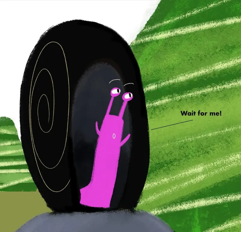 Illustration of a snail saying “Wait for me!”. Illustration by Julien Chung, Children, Whimsical,