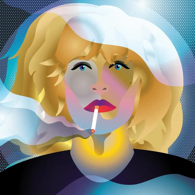 Abstract illustration of Marianne Faithfull smoking a cigarette. Illustration by Trevor Messersmith, Portrait, Decorative,