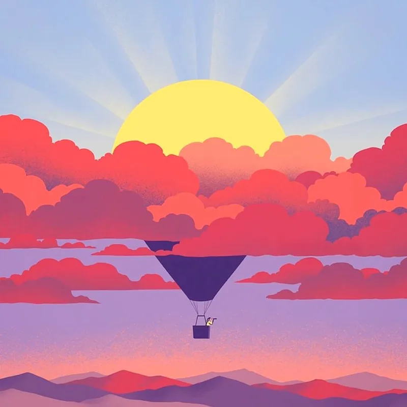 Graphic illustration of a hotair balloon floating above the clouds, but the top of the balloon is the sun. A person is in the gondola and looking out with a telescope.. Illustration by Davide Bonazzi, Conceptual, Whimsical,