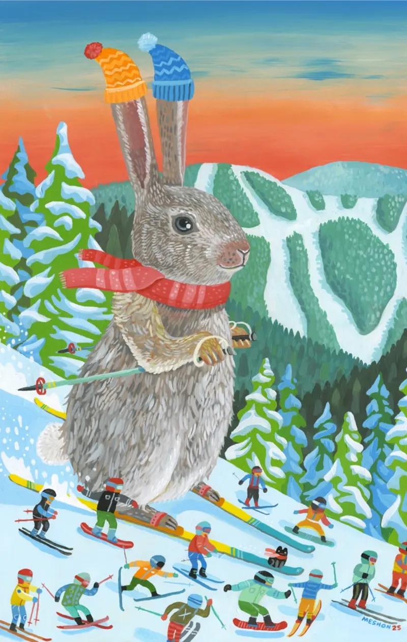 Illustration of a very large bunny, skiing downhill with a bunch of tiny people.. Illustration by Aaron Meshon, Nature, Whimsical, Lifestyle,