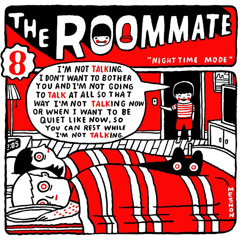 Comic of a little boy coming into his parent's room as they are trying to sleep, talking about how he's not talking to them.. Illustration by Aaron Meshon, Lifestyle, Whimsical,