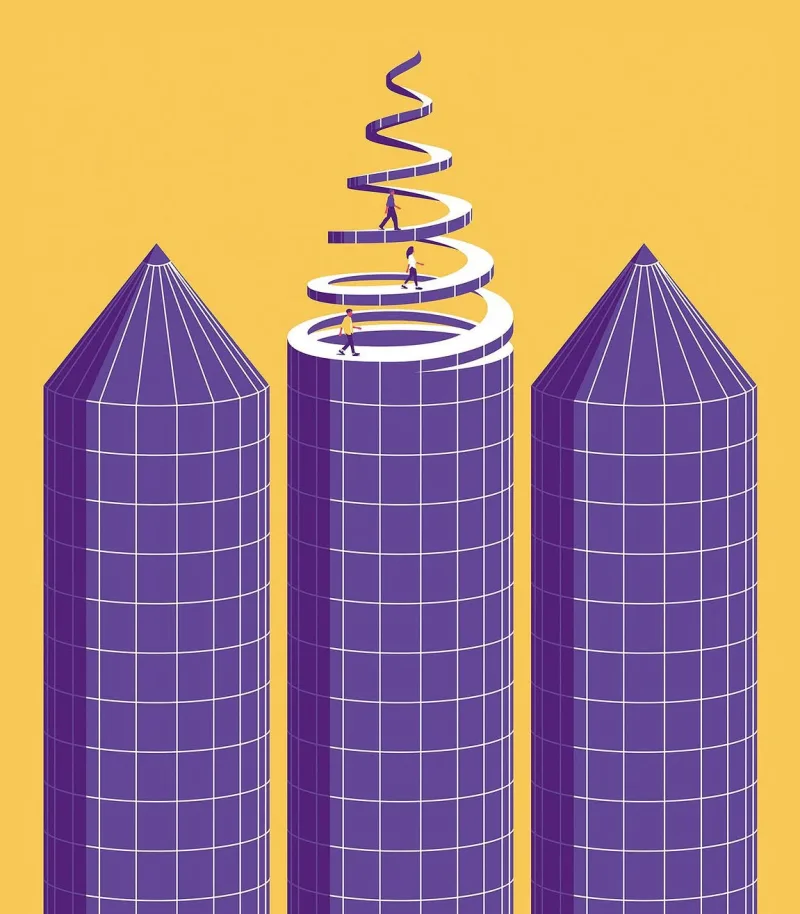 Graphic illustration of 3 purple silos. The middle silo’s top has turned into a spiraling walkway with small people climbing it.. Illustration by Federico Gastaldi, Business, Conceptual, 